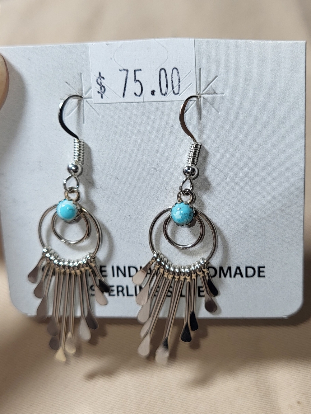 925 Sterling Silver Turquoise Hoop Fringe Drop Earrings. Genuine Indian Handmade